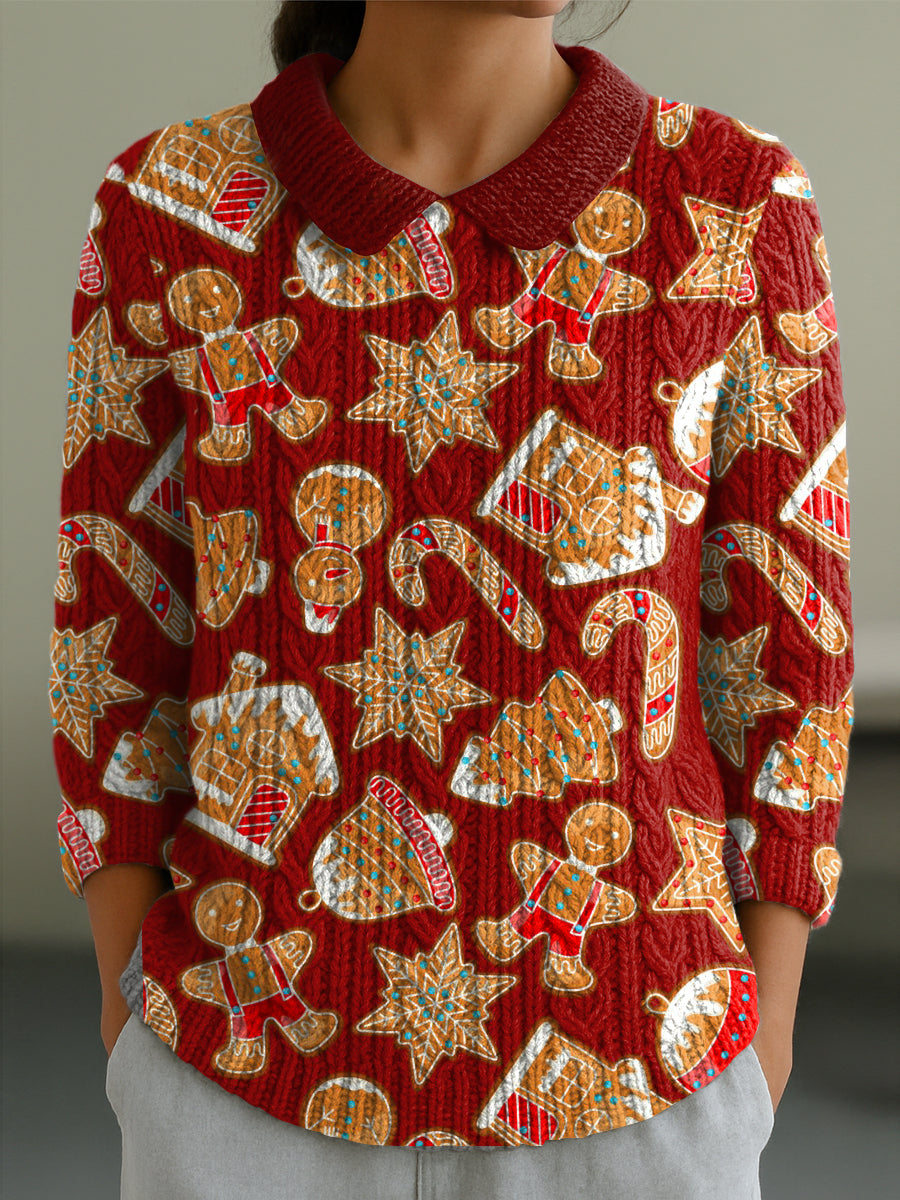 Women's Christmas Gingerbread Man Print Casual Peter Pan Collar 3/4 Sleeve Sweater