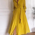 Natural Pleated Solid Color Belted Shirt Dress