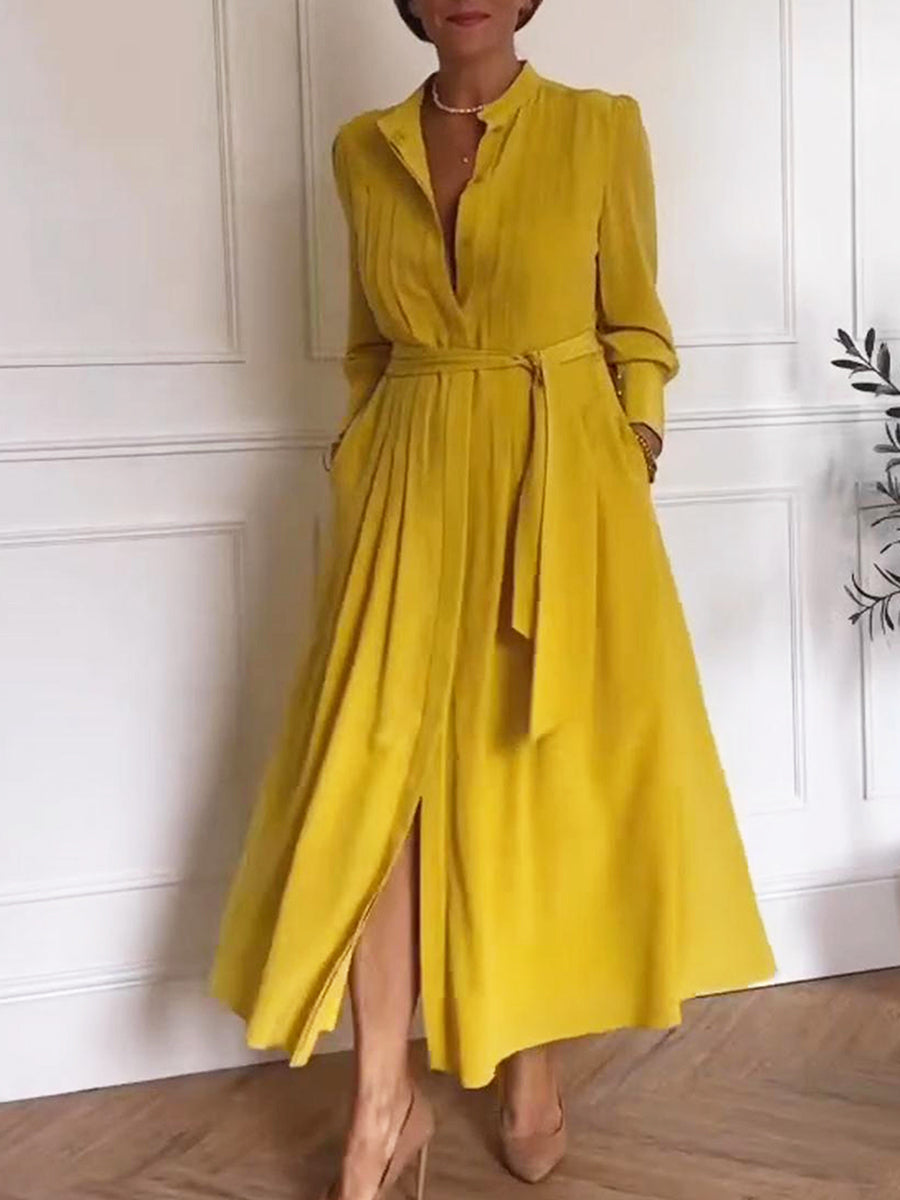 Natural Pleated Solid Color Belted Shirt Dress