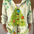 Women's Cute Winter Christmas Tree Gift Drawing Art Print Casual Hooded Button Sweater