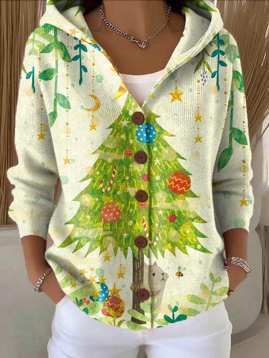 Women's Cute Winter Christmas Tree Gift Drawing Art Print Casual Hooded Button Sweater