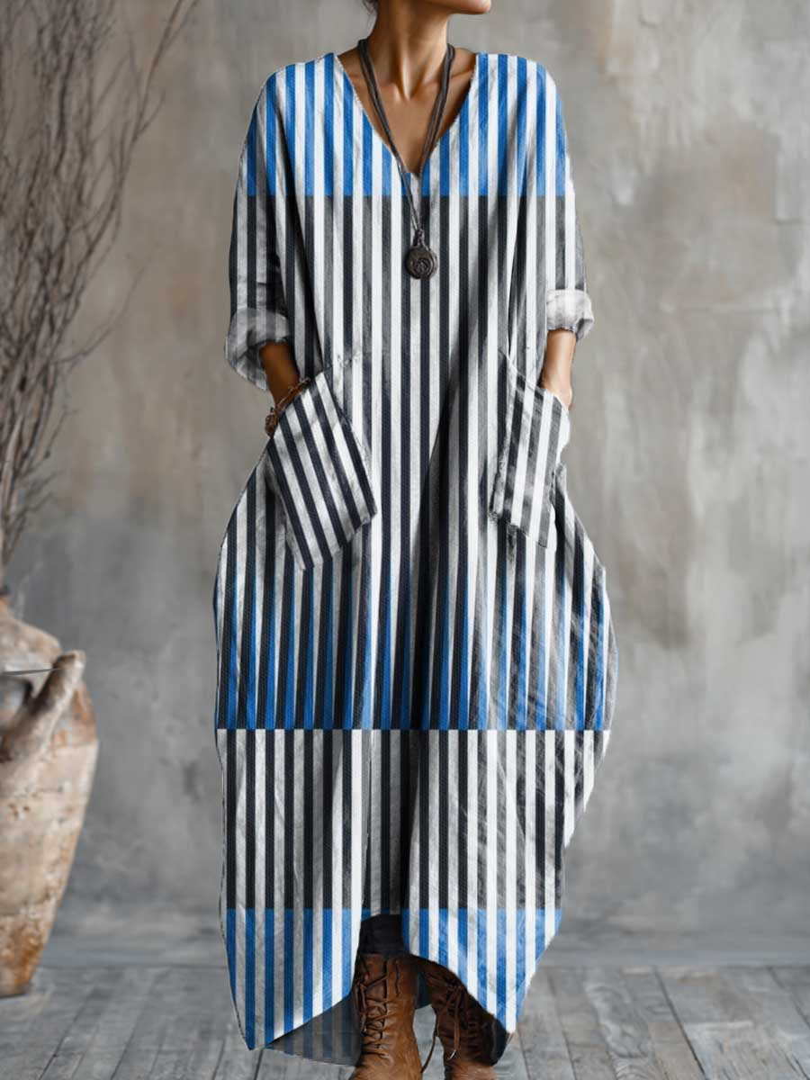 Women's Geometric Art Pattern Print Pocket V-neck Cotton Dress