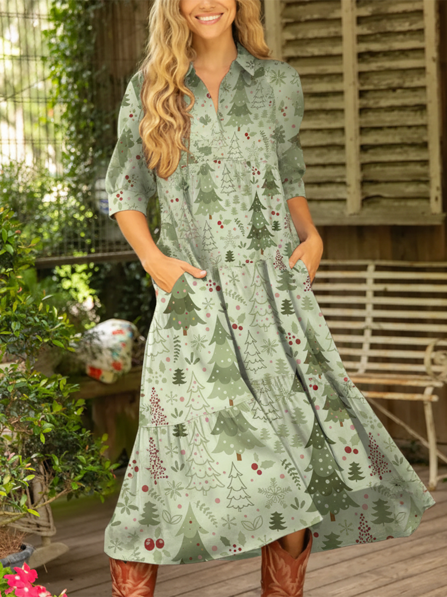 Cute Cedar Print Multi-layered Hem Midi Dress