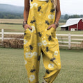 Women's Lovely Floral Bees Art Print Casual 100% Cotton Wide Leg Jumpsuit