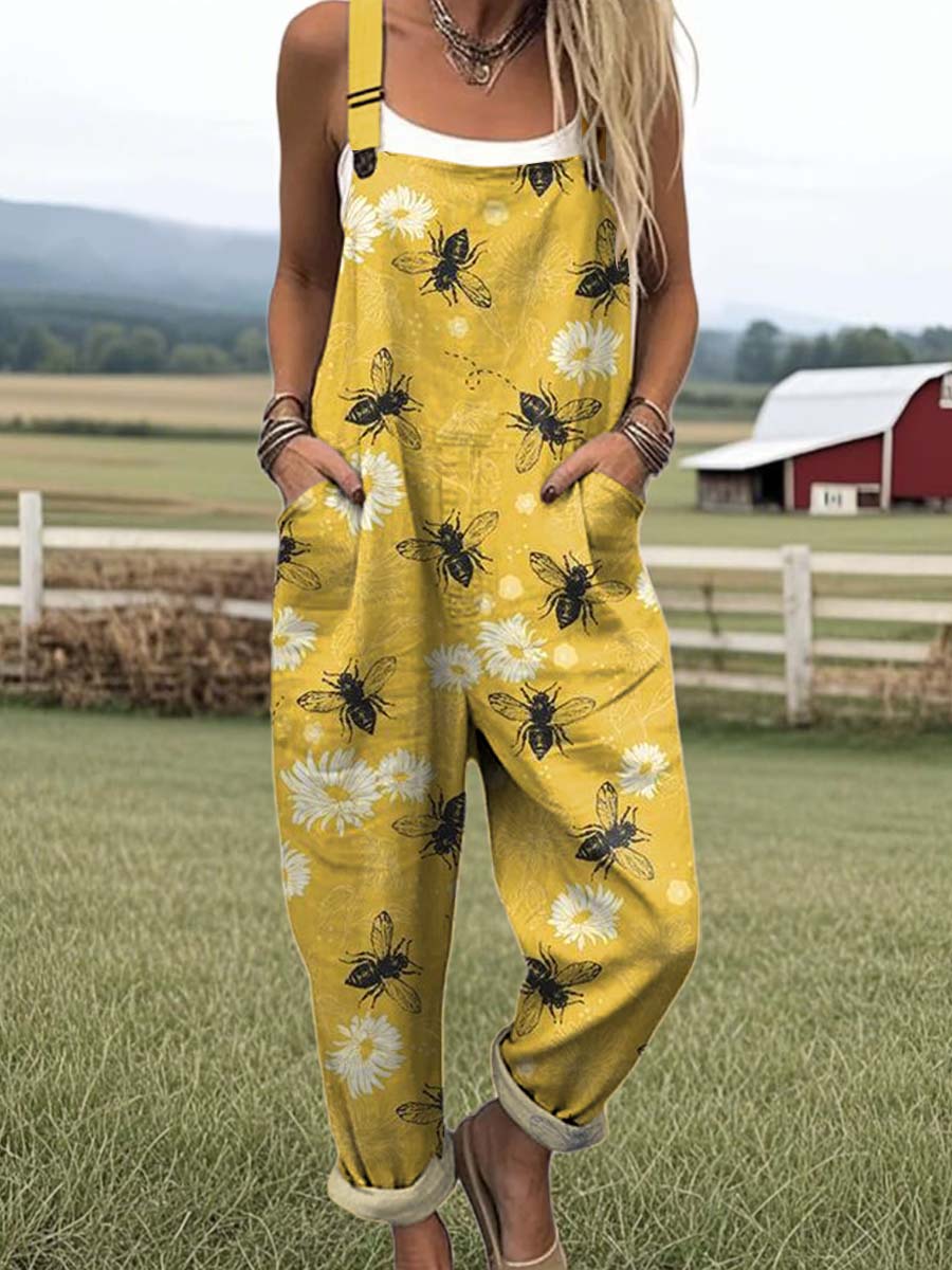 Women's Lovely Floral Bees Art Print Casual 100% Cotton Wide Leg Jumpsuit