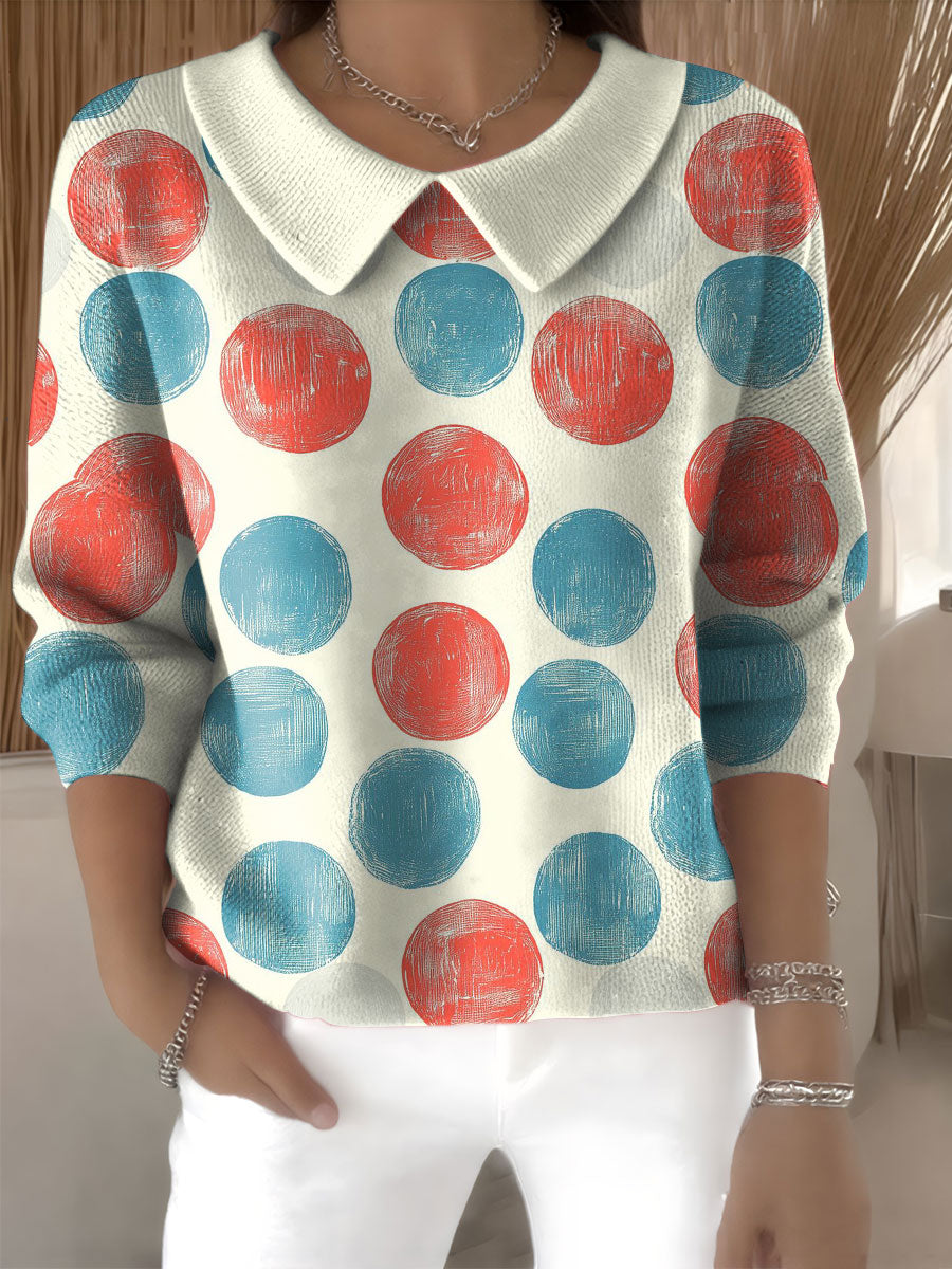 Women's Two-color Contrast Circle Pattern Print Casual Print Peter Pan Collar 3/4 Sleeve Sweater