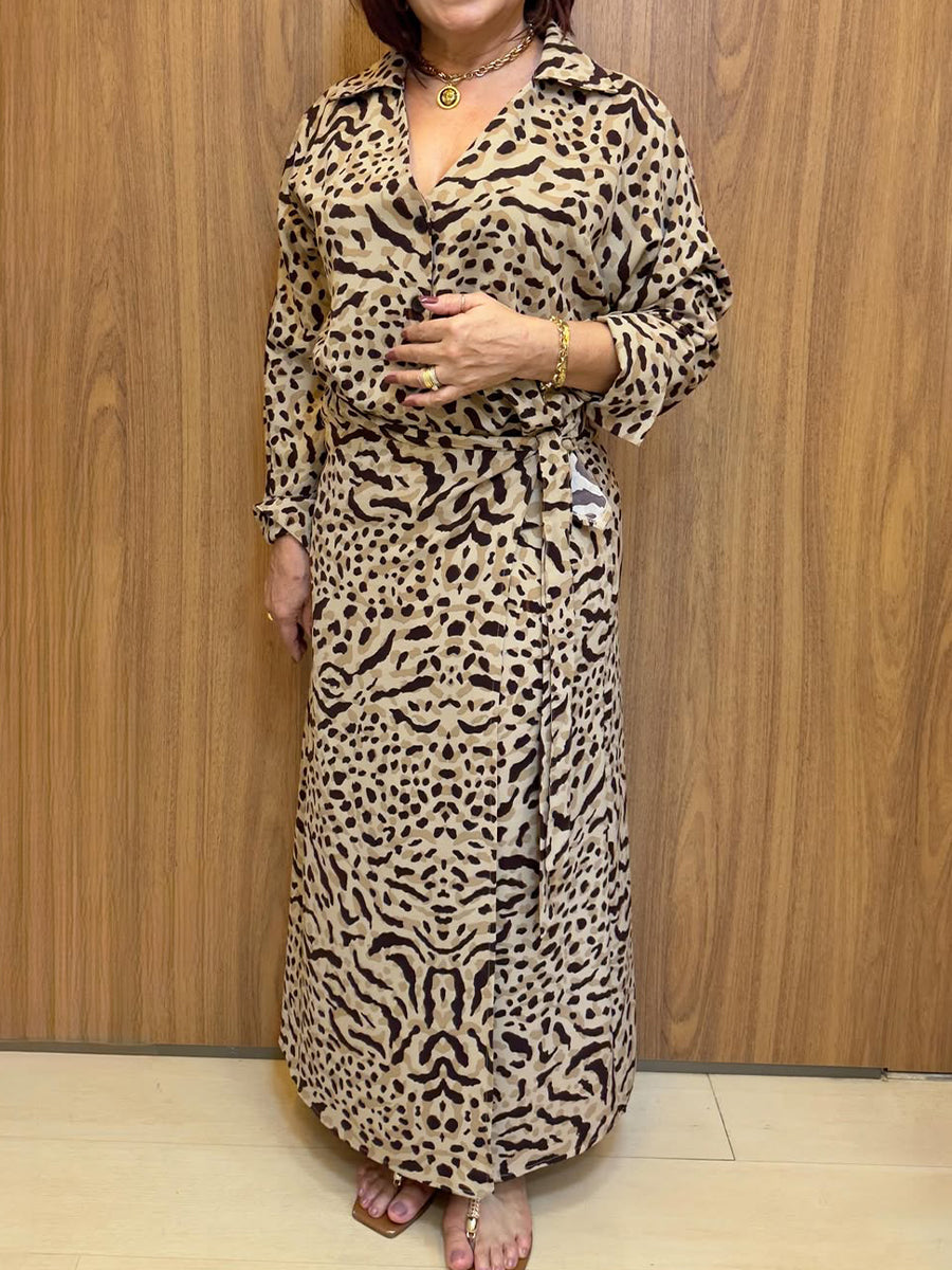 Women's Animal Print V-neck Lace-up Cotton and Linen Dress