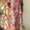Women's Retro Print V-Neck 3/4 Sleeve Casual Loose Cotton and Linen Dress