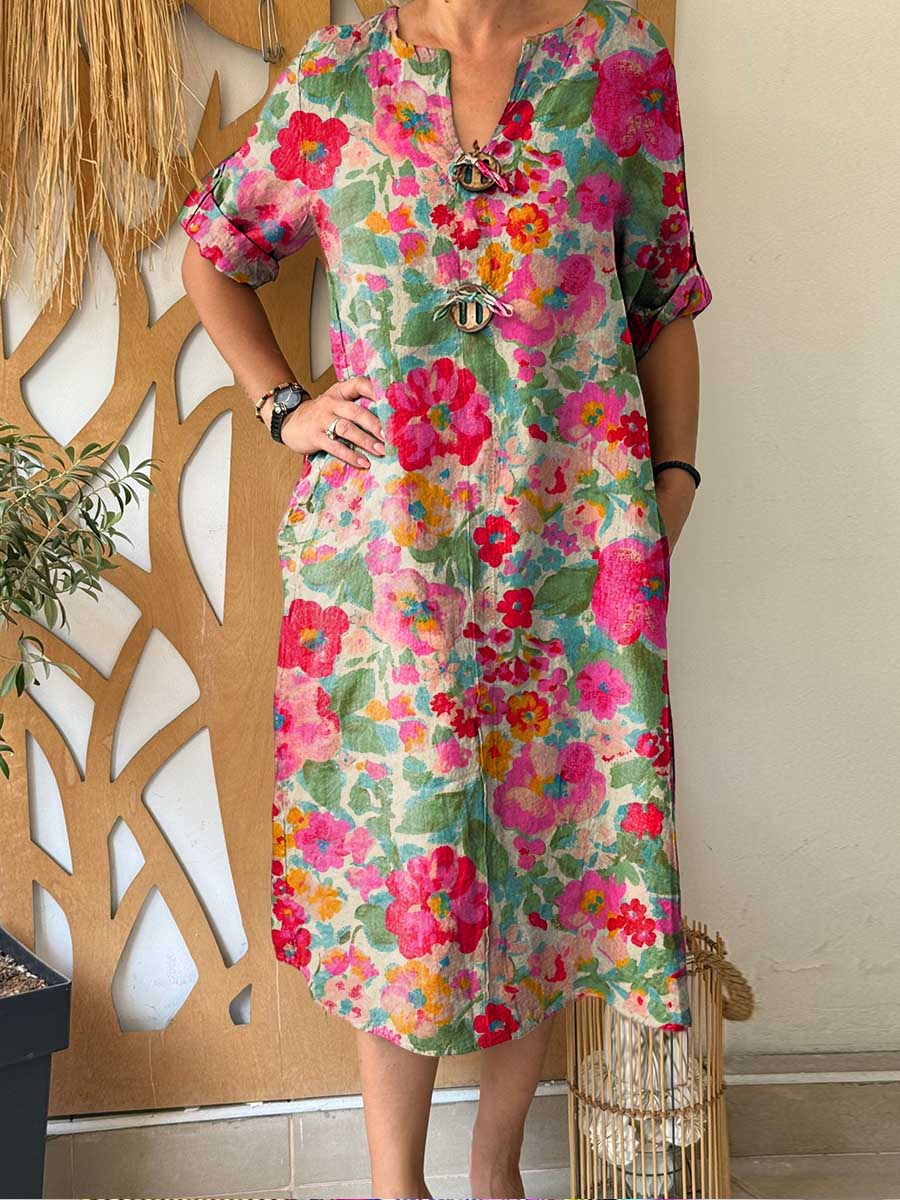 Women's Retro Print V-Neck 3/4 Sleeve Casual Loose Cotton and Linen Dress