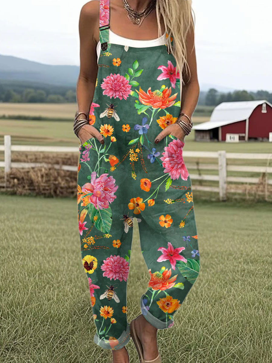 Women's Vintage Bee Floral Art Print Casual 100% Cotton Wide Leg Jumpsuit