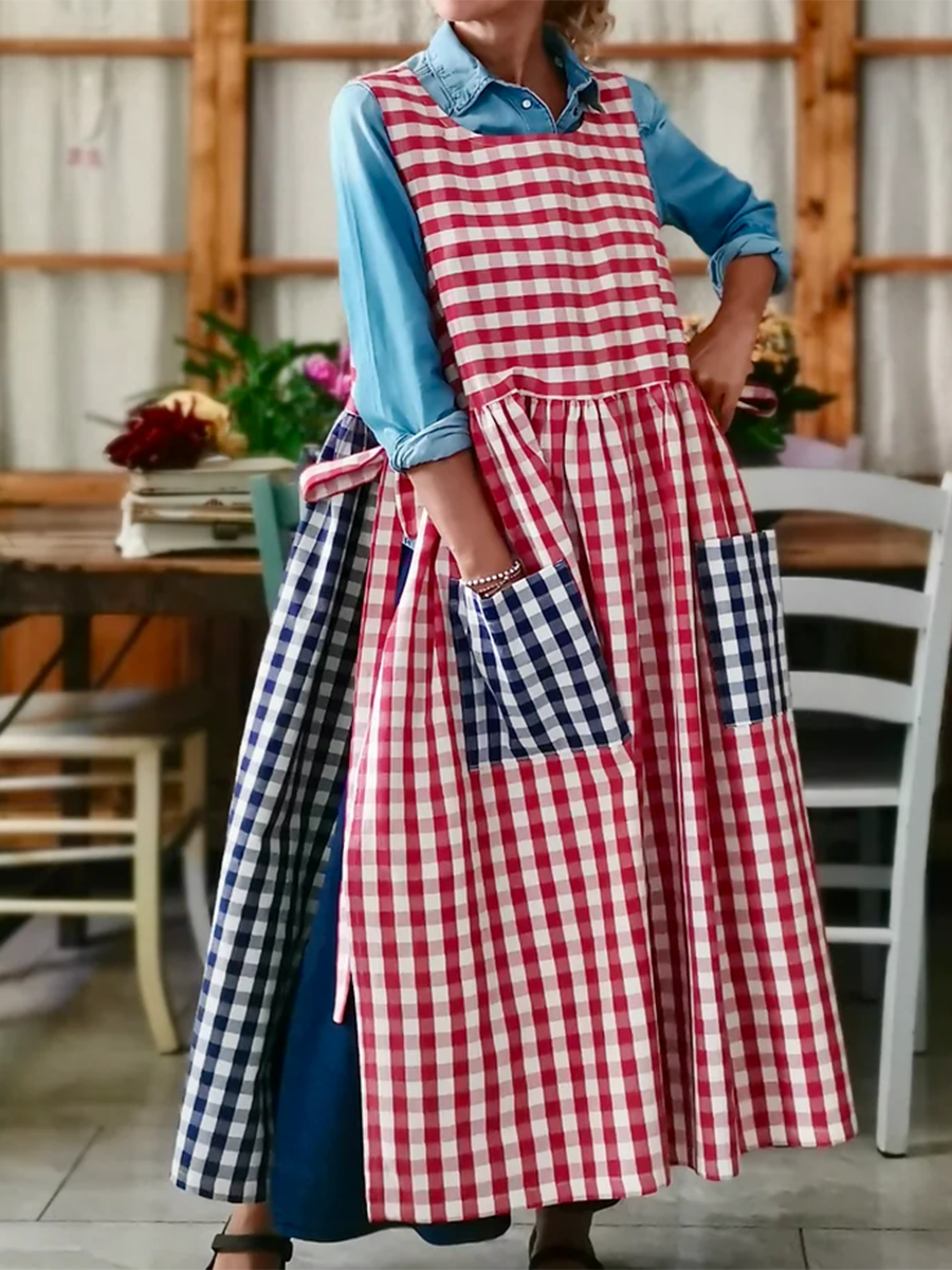 Perfect Kitchen Organic Cotton Colorblock Plaid Apron Dress