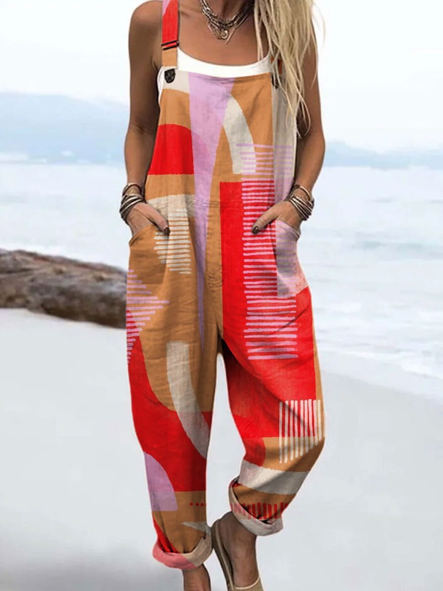 Women's Color Block Line Art Print Casual 100% Cotton Wide Leg Jumpsuit