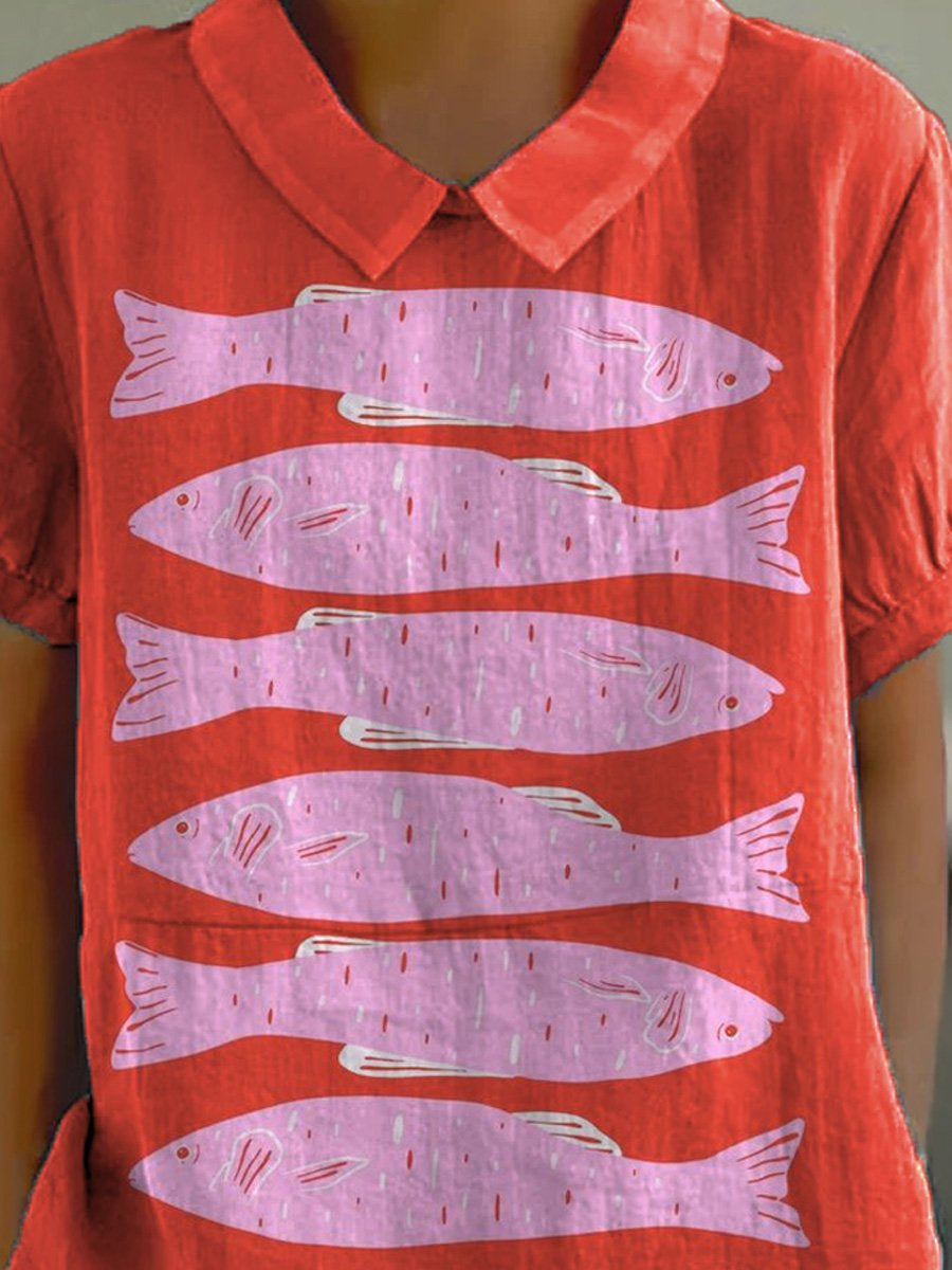 Lovely Sardine Fish Art Printed Women's Casual Cotton And Linen Shirt