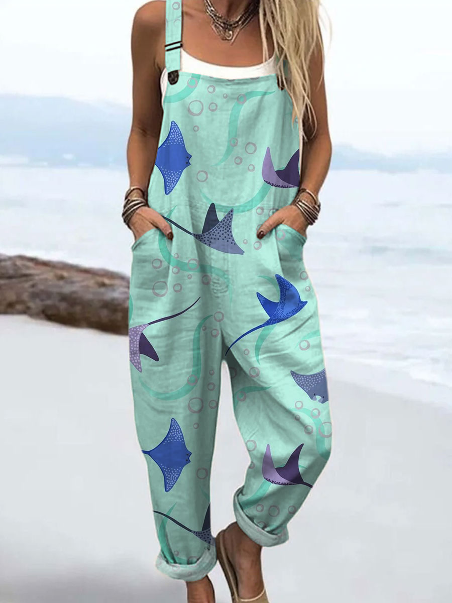 Women's  Manta Ray Vintage Art Print Casual 100% Cotton Wide Leg Jumpsuit