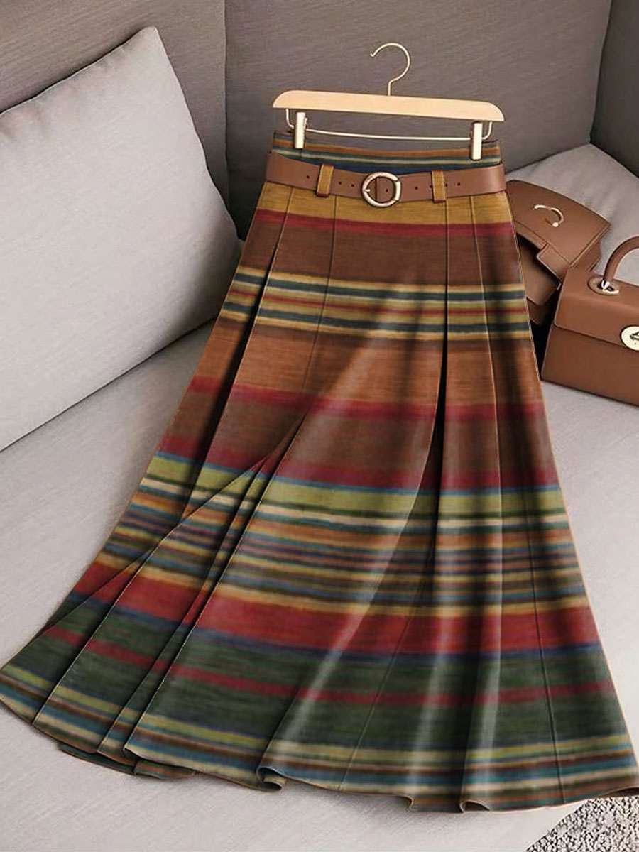 Women's Retro Stripes Pattern Casual Print Cotton Skirt