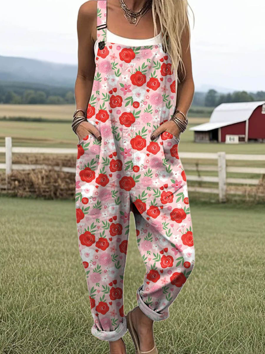 Women's Lovely Floral Art Print Casual 100% Cotton Wide Leg Jumpsuit