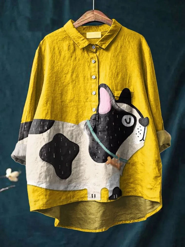 Women's Dog  Art Print Casual Cotton And Linen Shirt