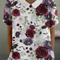 Halloween Floral Print Short Sleeve Linen Blend Blouse