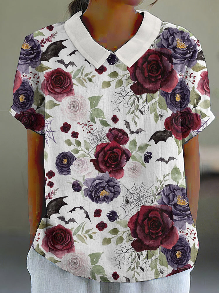 Halloween Floral Print Short Sleeve Linen Blend Blouse