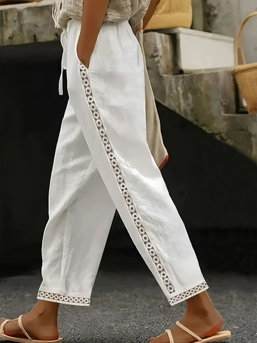 Casual Patchwork Linen And Cotton Trousers With Openwork Webbing
