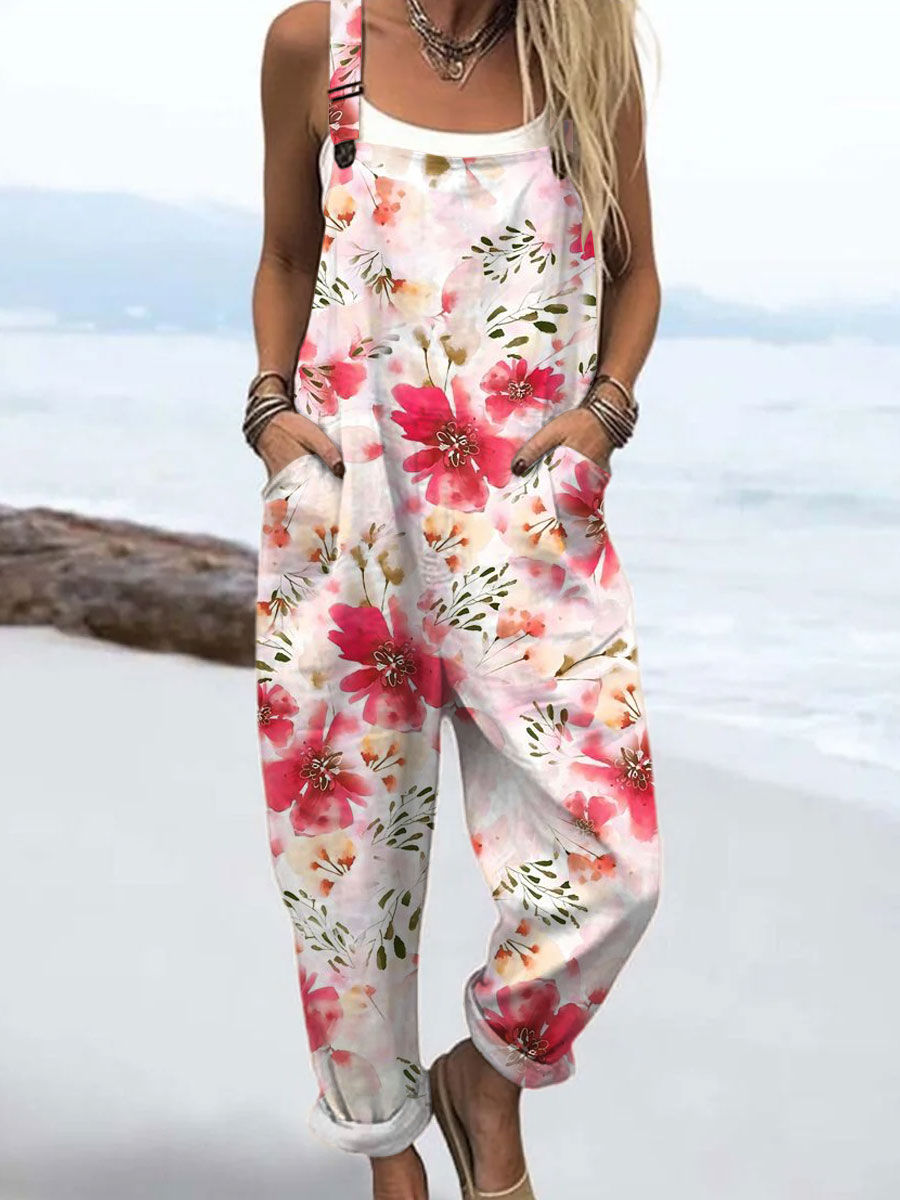 Women's  Vintage Flowers Art Print Casual 100% Cotton Wide Leg Jumpsuit