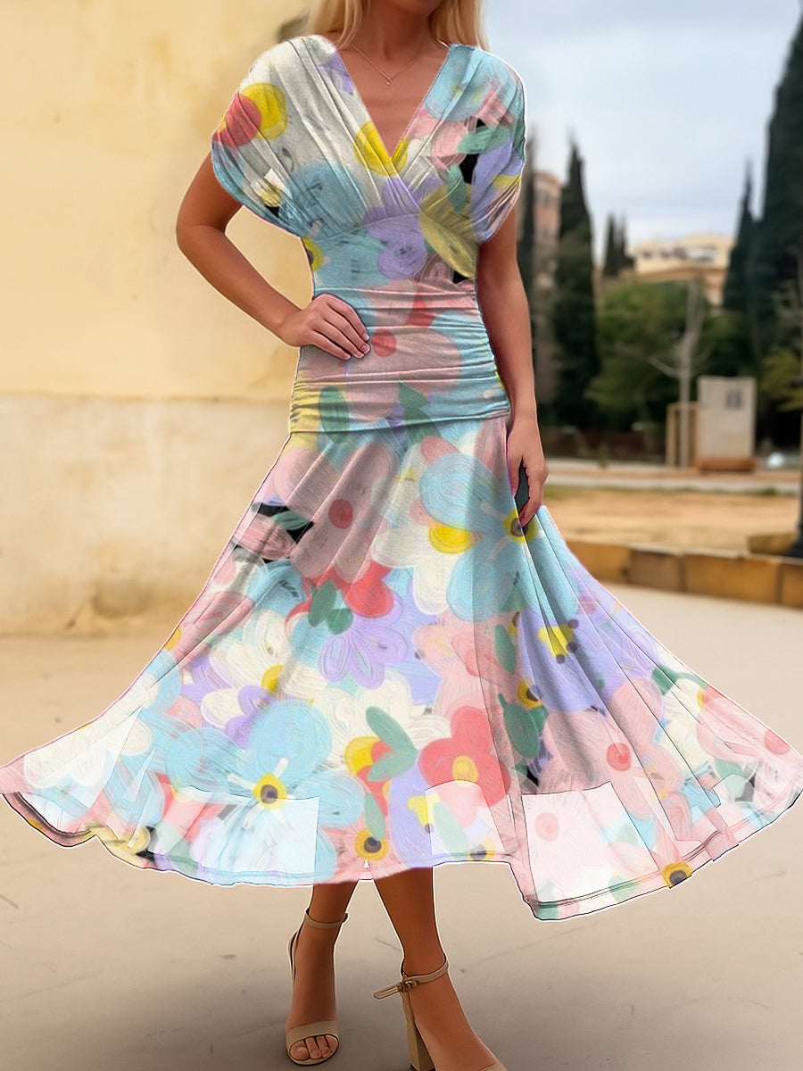 Women's Beautiful Colorful Floral Painting Art Print Cotton Dress