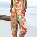 Women's Vintage Floral Art  Print Casual 100% Cotton Wide Leg Jumpsuit