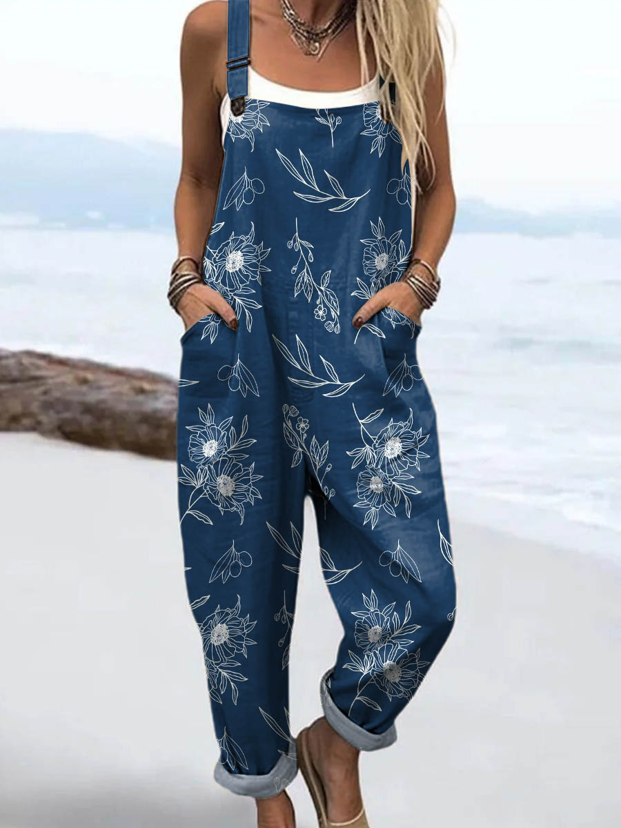 Women's Vintage Floral Art Print Casual 100% Cotton Wide Leg Jumpsuit