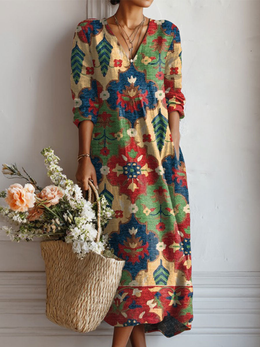 Women's Vintage Flower Art Print Linen Pocket Tunic Dress