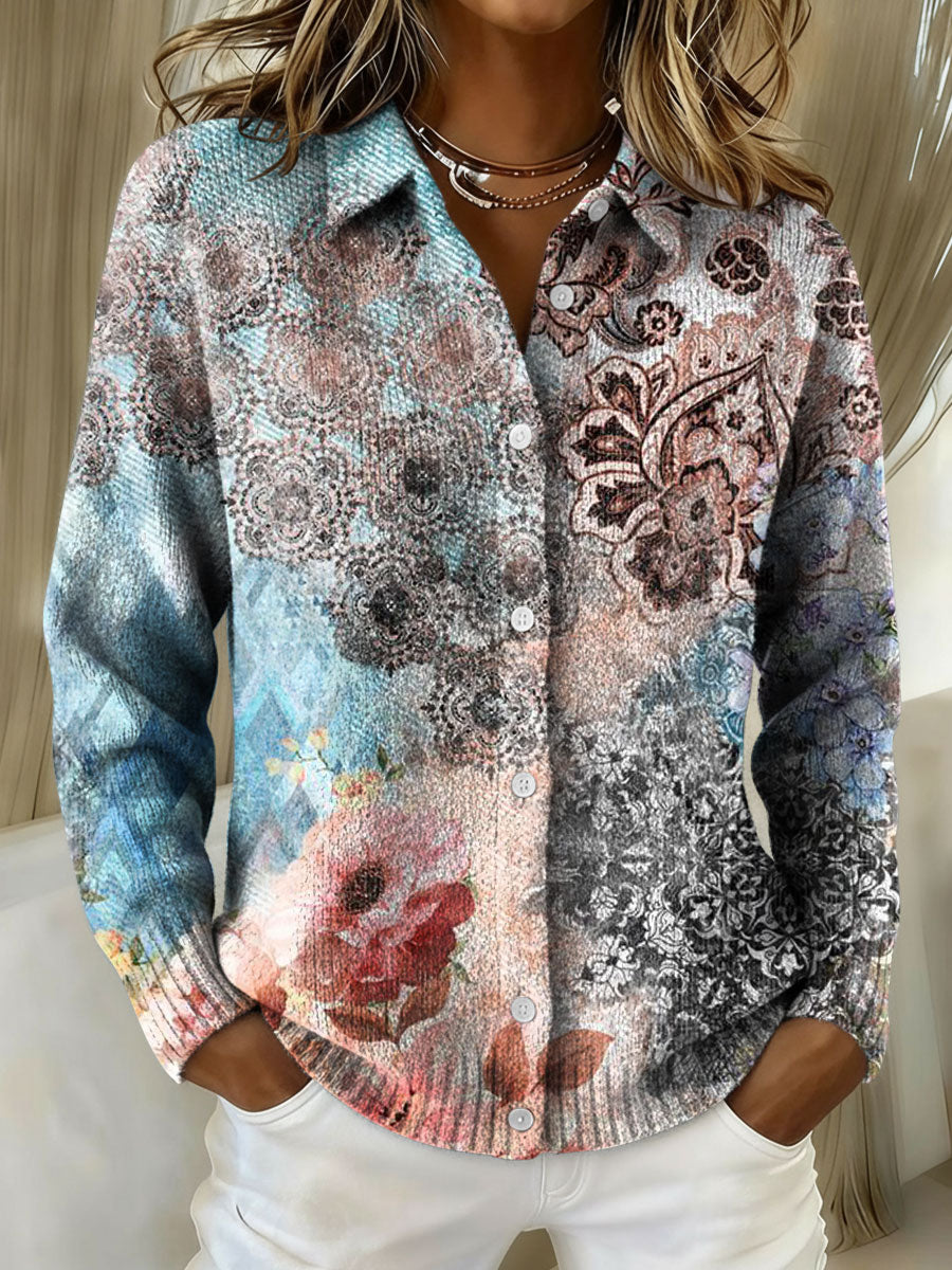 Women's Flowers Retro Splicing Gradient Pattern Print Cowl Neck Sweater