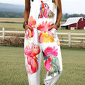 Women's Vintage Farm Animal Chicken Art Print Casual 100% Cotton Wide Leg Jumpsuit