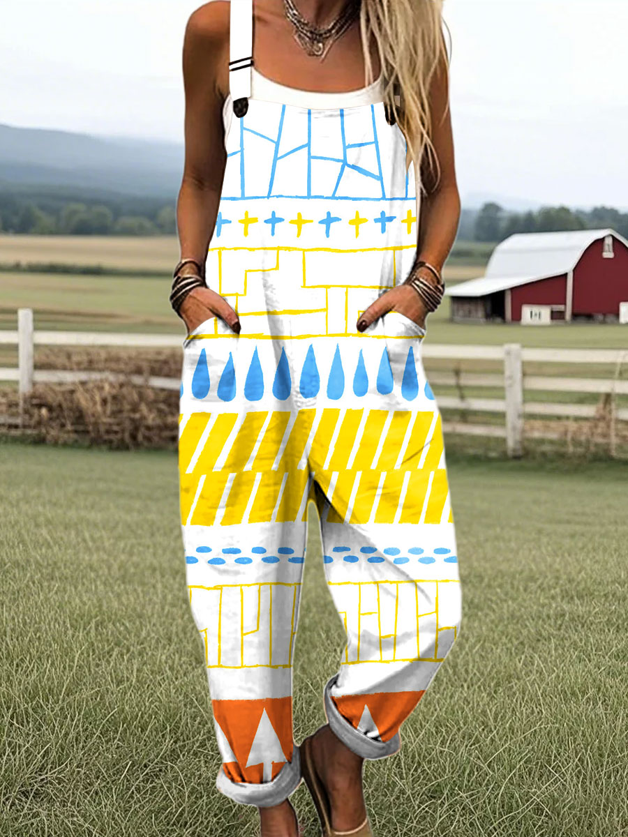 Women's Colorful Abstract Art Print Casual Cotton Pocket Jumpsuit