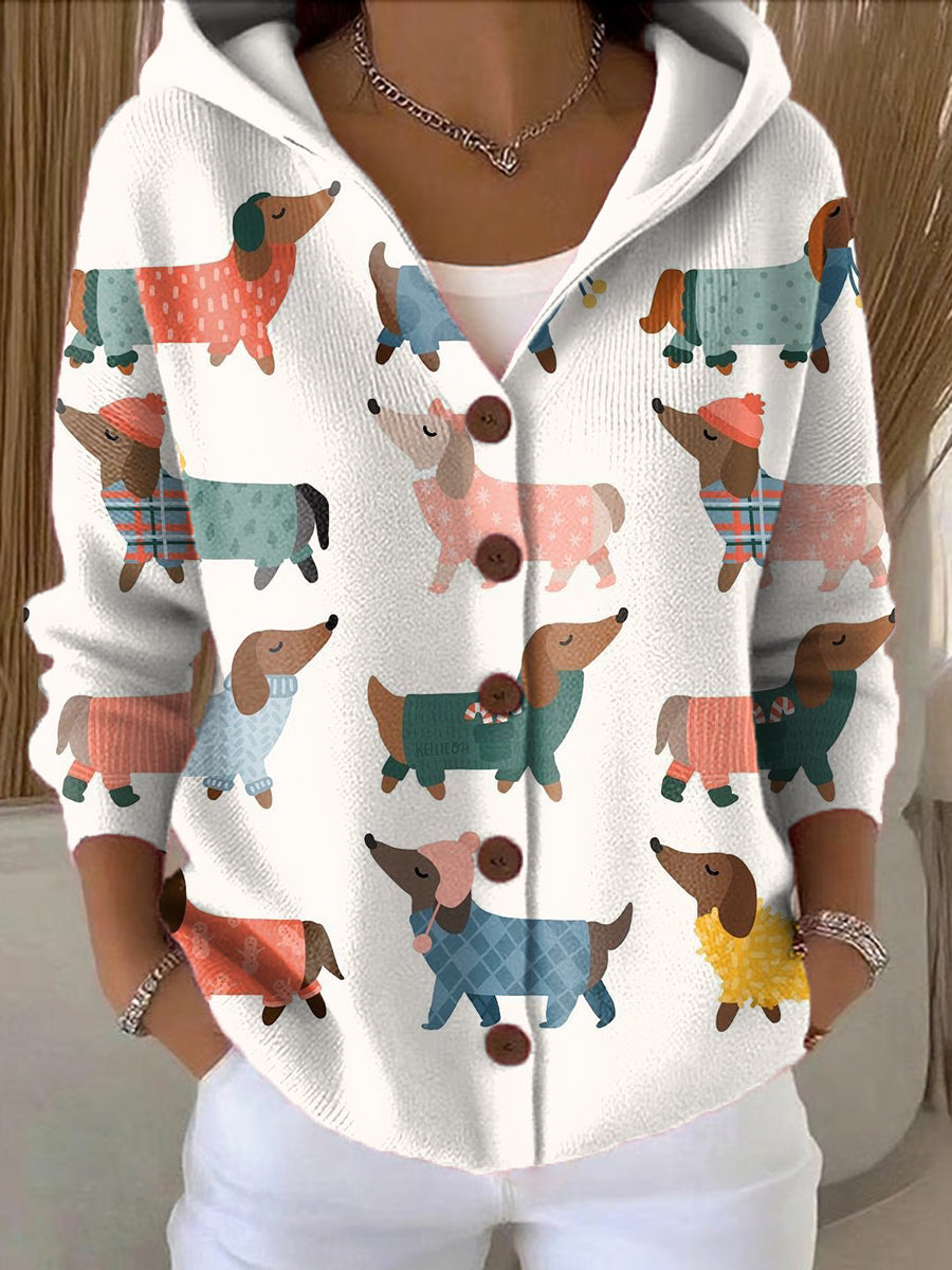 Women's Cute Colorful Dachshund Dog Art Print Casual Hooded Button Sweater