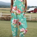 Women's  Vintage Flower Art Print Casual 100% Cotton Wide Leg Jumpsuit