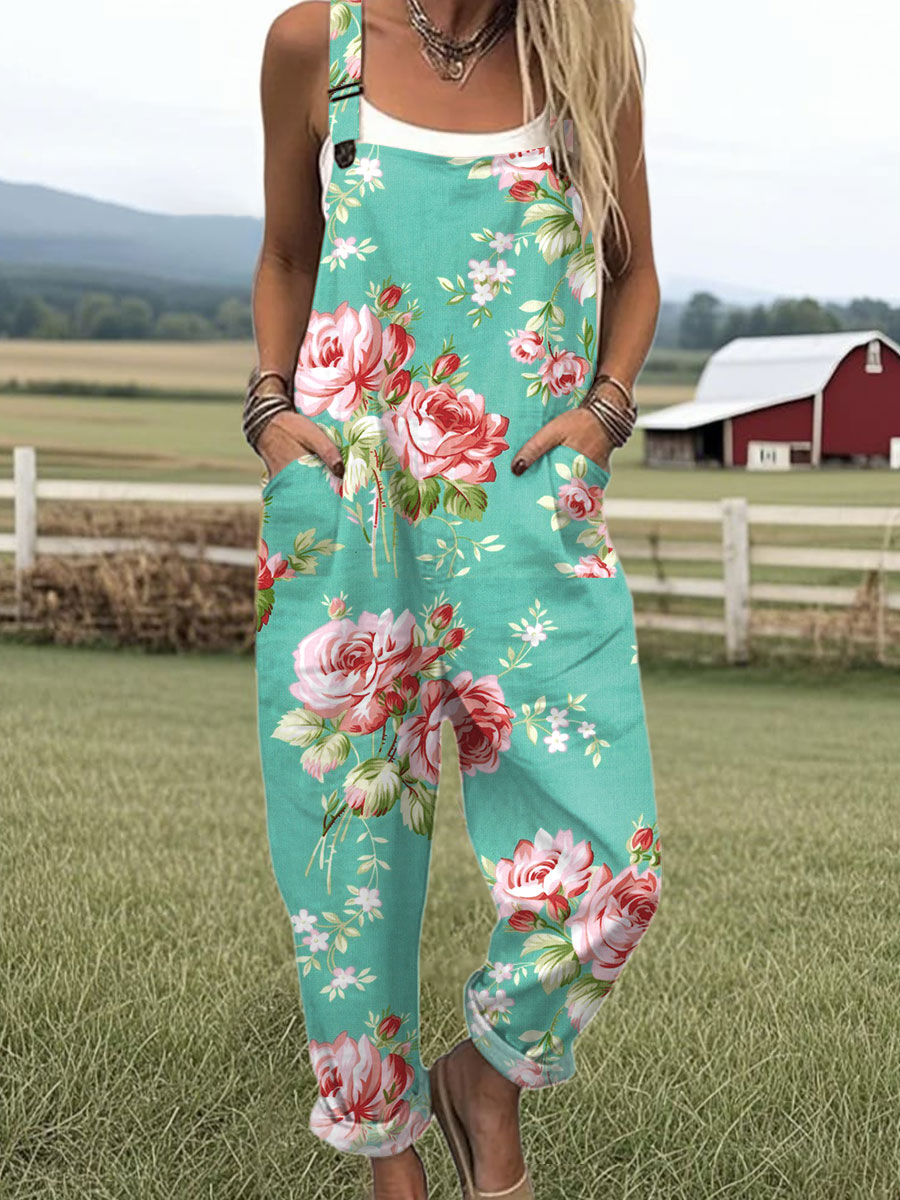 Women's  Vintage Flower Art Print Casual 100% Cotton Wide Leg Jumpsuit