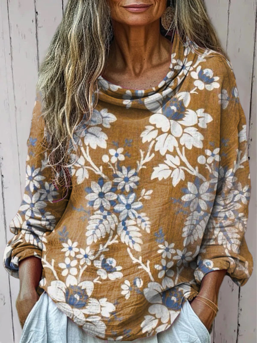 Women's Vintage Ethnic Floral Painting Art Print Casual Long Sleeve Comfortable Cotton Shirt