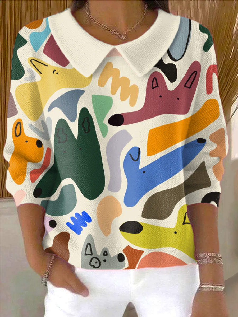 womens-abstract-cute-dog-head-painting-art-print-casual-peter-pan-collar-3-4-sleeve-sweater