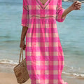 Bohemian-style Color-block Plaid Art Print Cotton-linen Dress