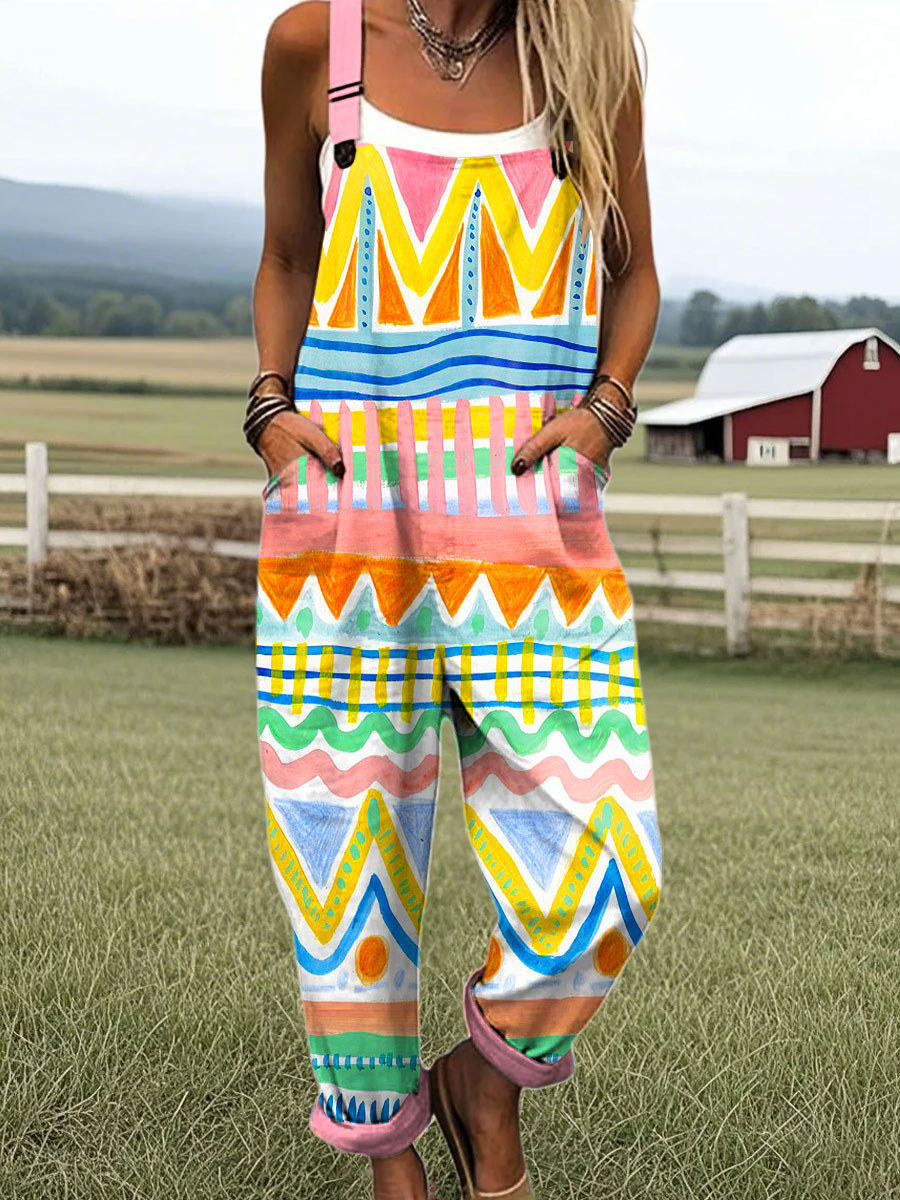 Women's Colorful Abstract Geometric Art Print Casual Cotton Pocket Jumpsuit