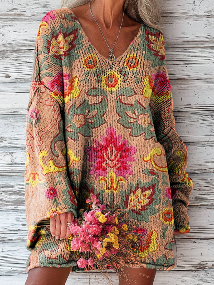 womens-vintage-ethnic-floral-geometric-painting-art-print-casual-pullover-sweater-bjfw