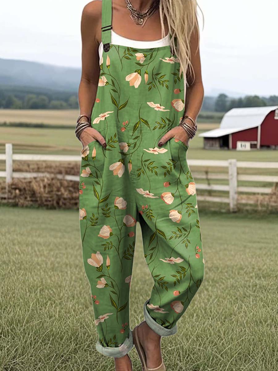 Women's Lovely Floral Art Print Casual 100% Cotton Wide Leg Jumpsuit