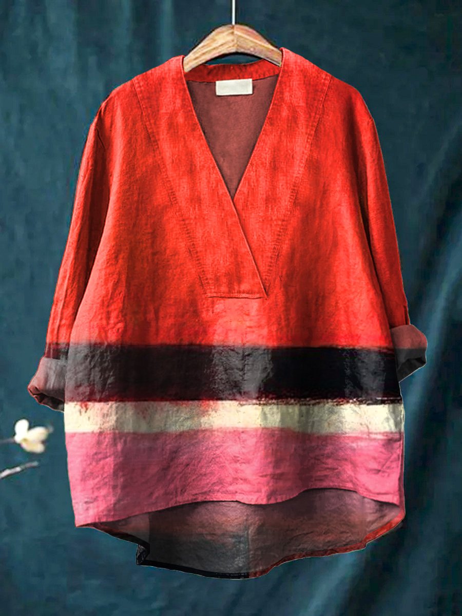 Abstract Geometric Color Blocks Art Printed Women's Casual Cotton And Linen V-neck Shirt