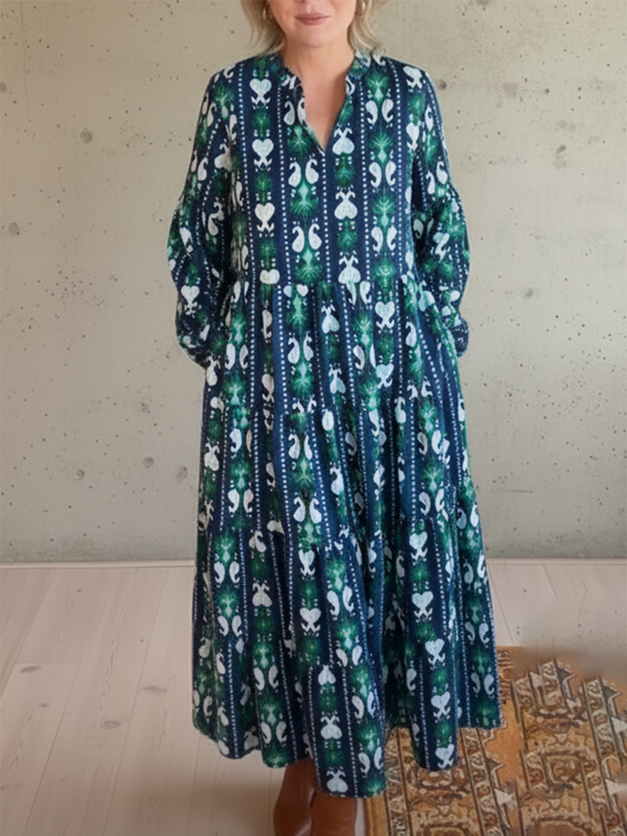 Women's Retro Vertical Striped Floral Print V-Neck Midi Dress