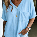 Women's Texture Chest Pockets 100% Cotton Classic Loose Fit V Neck T-shirt