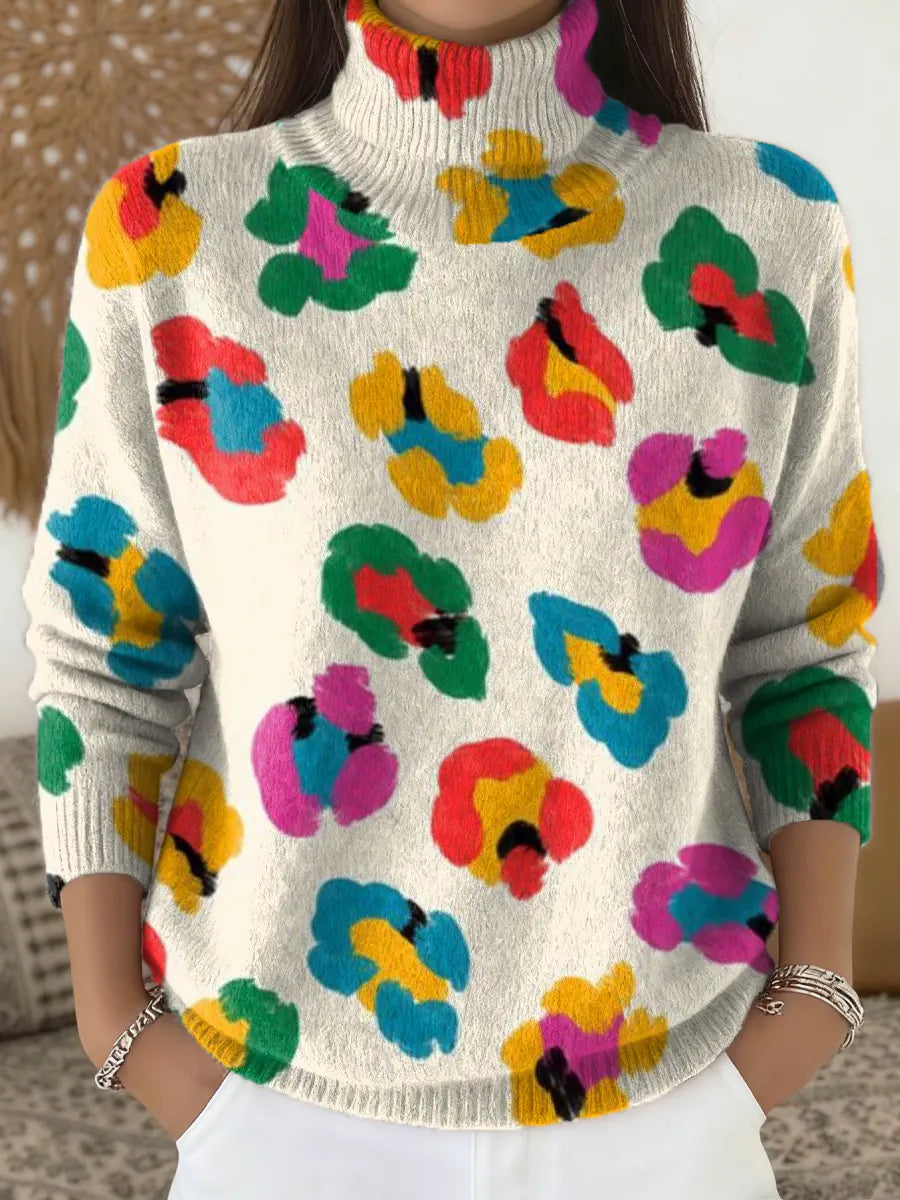 Women's Abstract Floral Pattern Art Print Knit Turtleneck Pullover Sweater