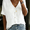 Women's Cotton Linen Loose Solid Color Short-sleeved Shirt