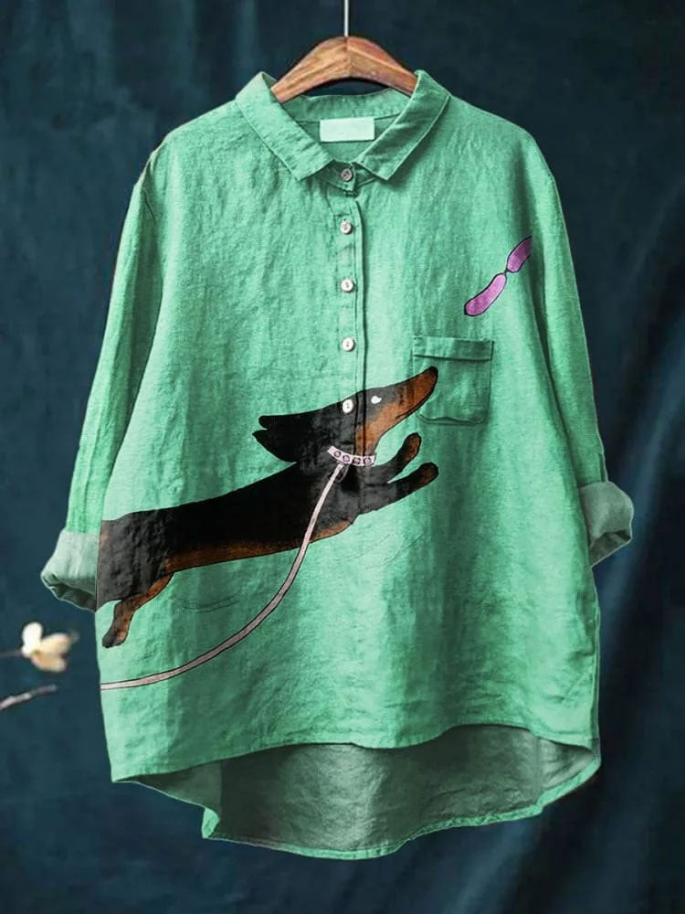 Women's Dog  Art Print Casual Cotton And Linen Shirt