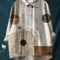 Women's Abstract Geometric Pattern Art Print Casual Cotton And Linen Ruffle Shirt
