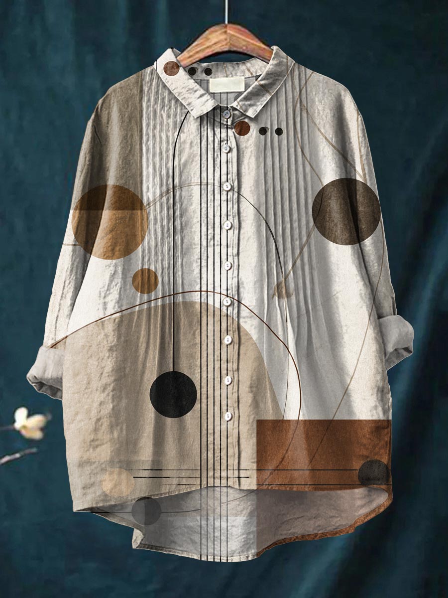 Women's Abstract Geometric Pattern Art Print Casual Cotton And Linen Ruffle Shirt