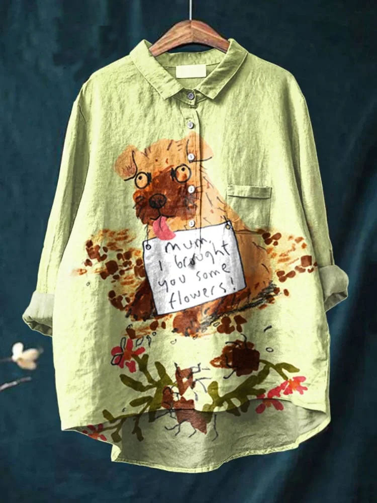 Women's Dog  Art Print Casual Cotton And Linen Shirt